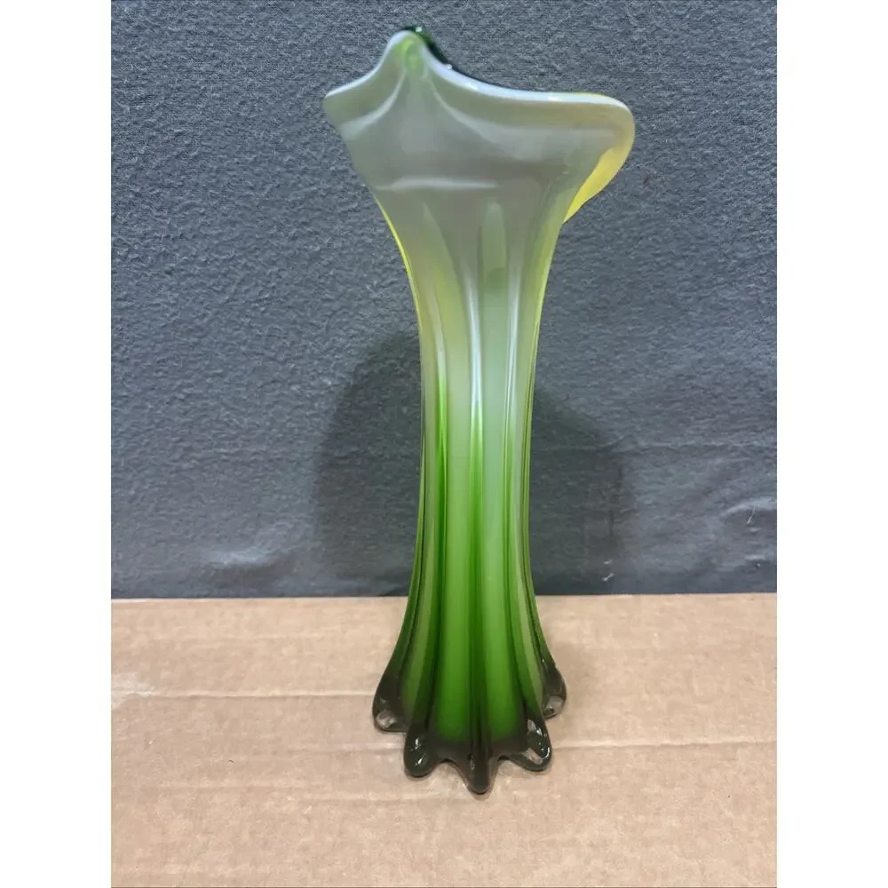 Pier 1 Imports Yellow Green White Hand Blown Glass Tulip Vase 11.75